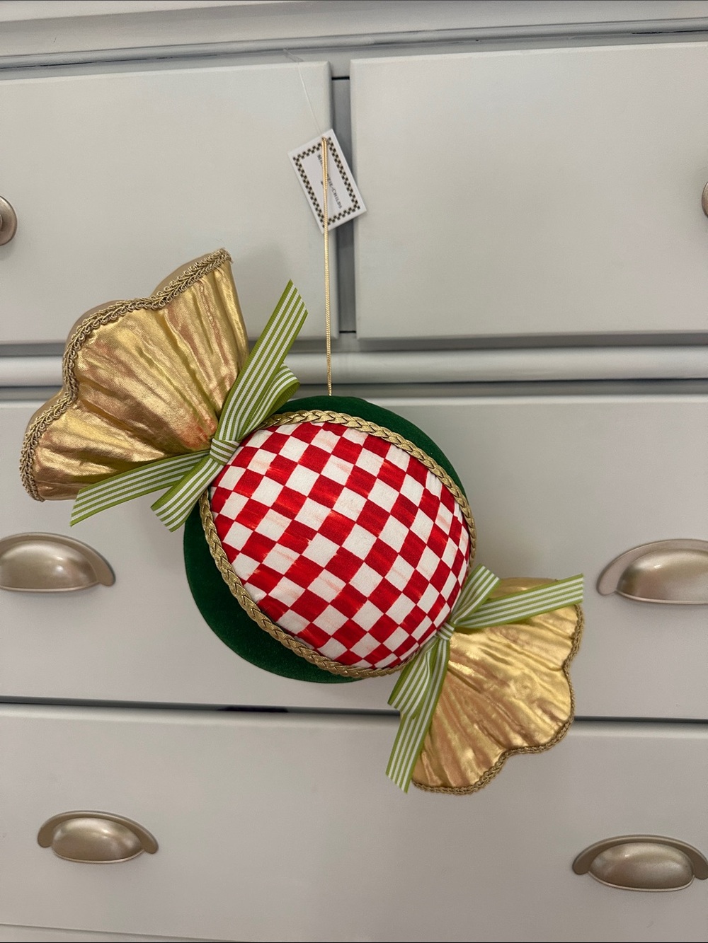 Check It Out Red Check Candy Fabric Ornament
	•	Dimensions: 7" dia., 13" long